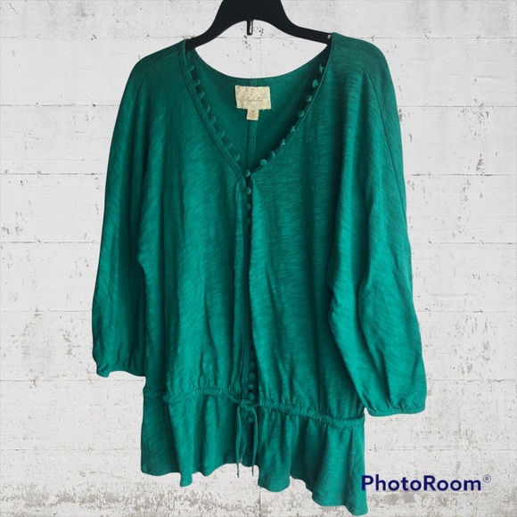 Anthropologie Deletta Emerald Green Button Up Cinch Drawstring Waist Top Medium - Picture 2 of 9